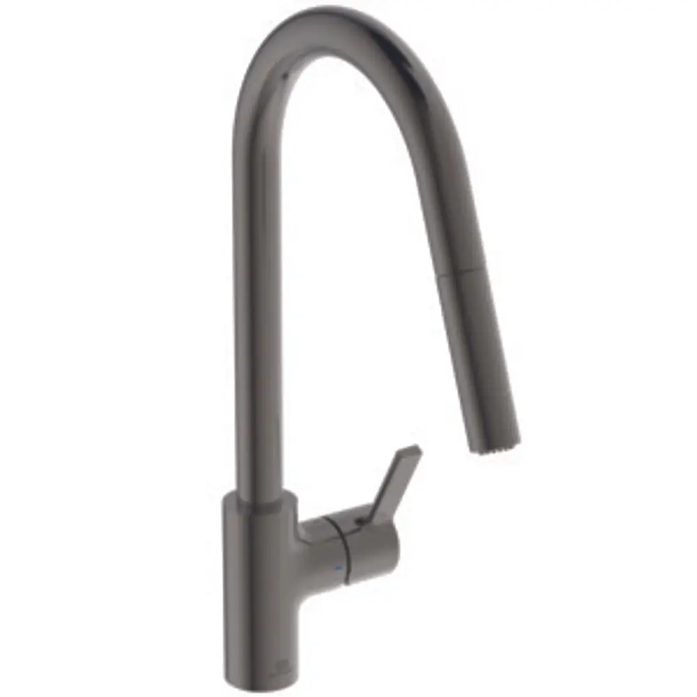 Küchenarmatur von Ideal Standard in Magnetic Grey, mit einem hohen Auslauf und einer abnehmbaren Brausefunktion. Der Hebel zur Regelung des Wasserflusses befindet sich seitlich.